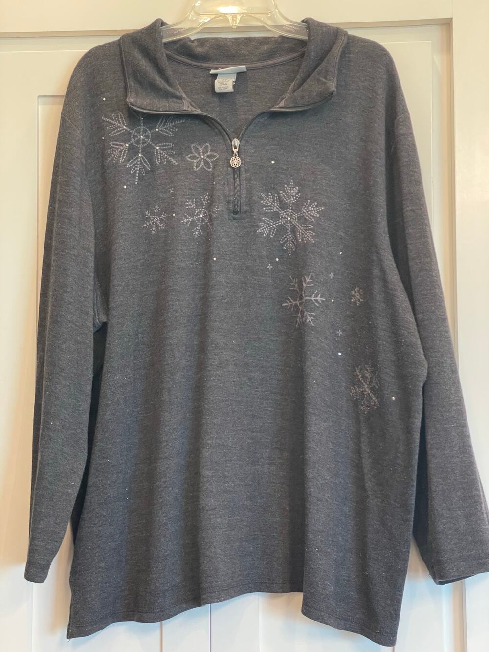 Catherines charcoal gray 1/4 zip sweater with embroidery and rhinestones 2X